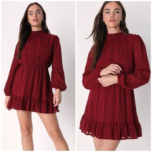 Lulu’s Cheerful Charmer Wine Red Lurex Long Sleeve Mini Dress - Picture 1 of 13